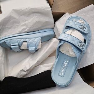 CHANEL Lambskin Quilted Velcro “Dad” Chain CC Slide Sandals